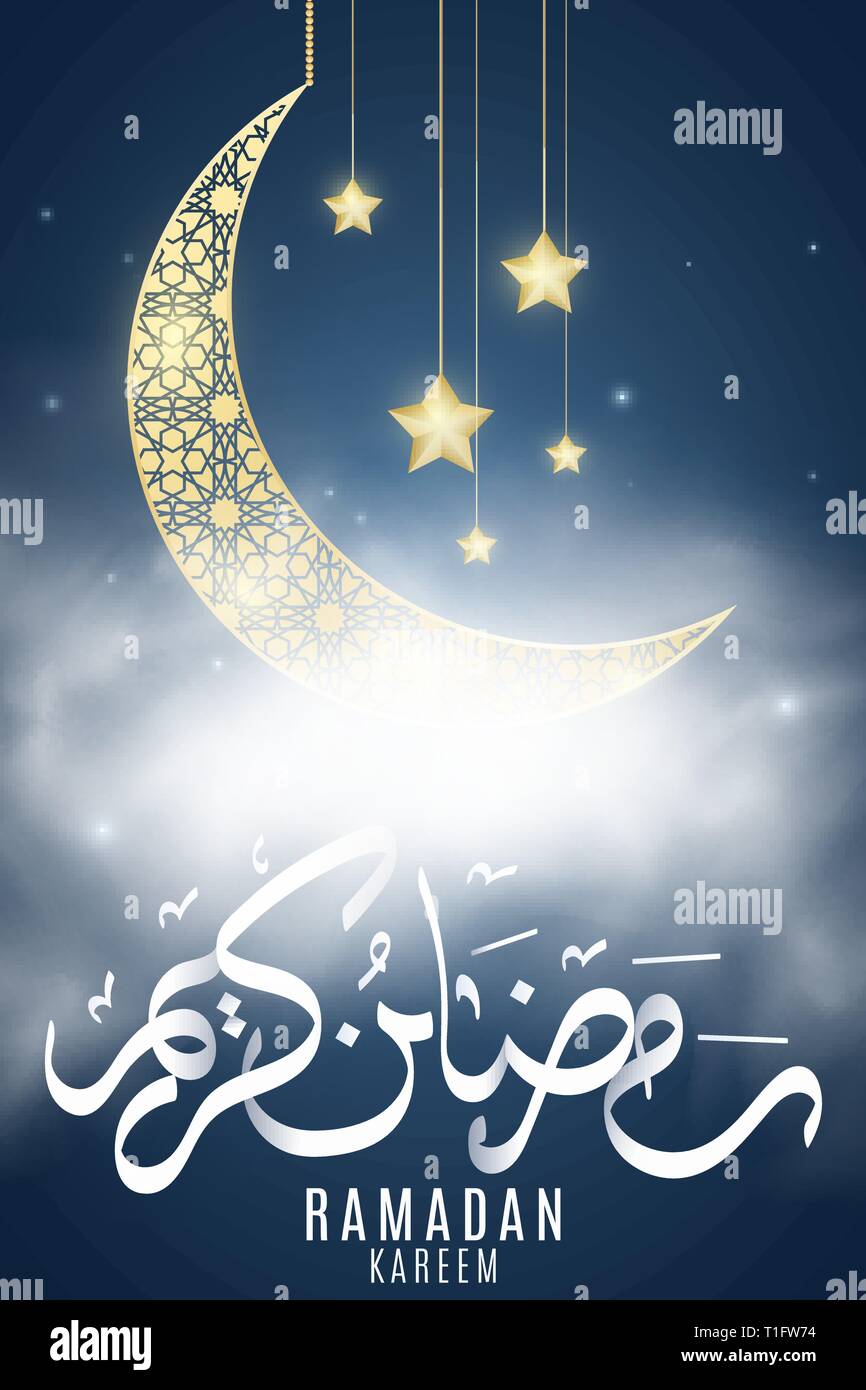 Ramadan Kareem flyer. Mois Sacré de la religion. Calligraphie Arabe dessiné à la main. Lune Dorée avec étoiles suspendues dans le brouillard. Ciel étoilé. Temple avec dômes. Vector Illustration de Vecteur