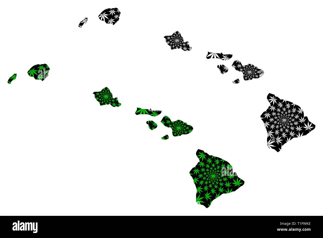 Hawaii (États-Unis d'Amérique, USA, États-Unis, US) - carte feuille de cannabis est vert et noir, État de New York carte de marijuana,E Illustration de Vecteur