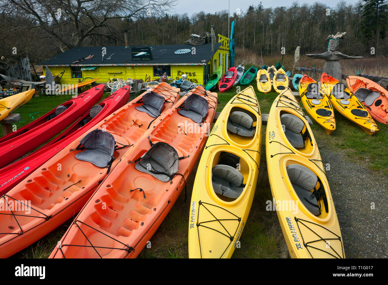 WA06488-00...WASHINGTON - la plage Crescent, Kayaks dans la ville de Washington sur l'île Orcas. Banque D'Images