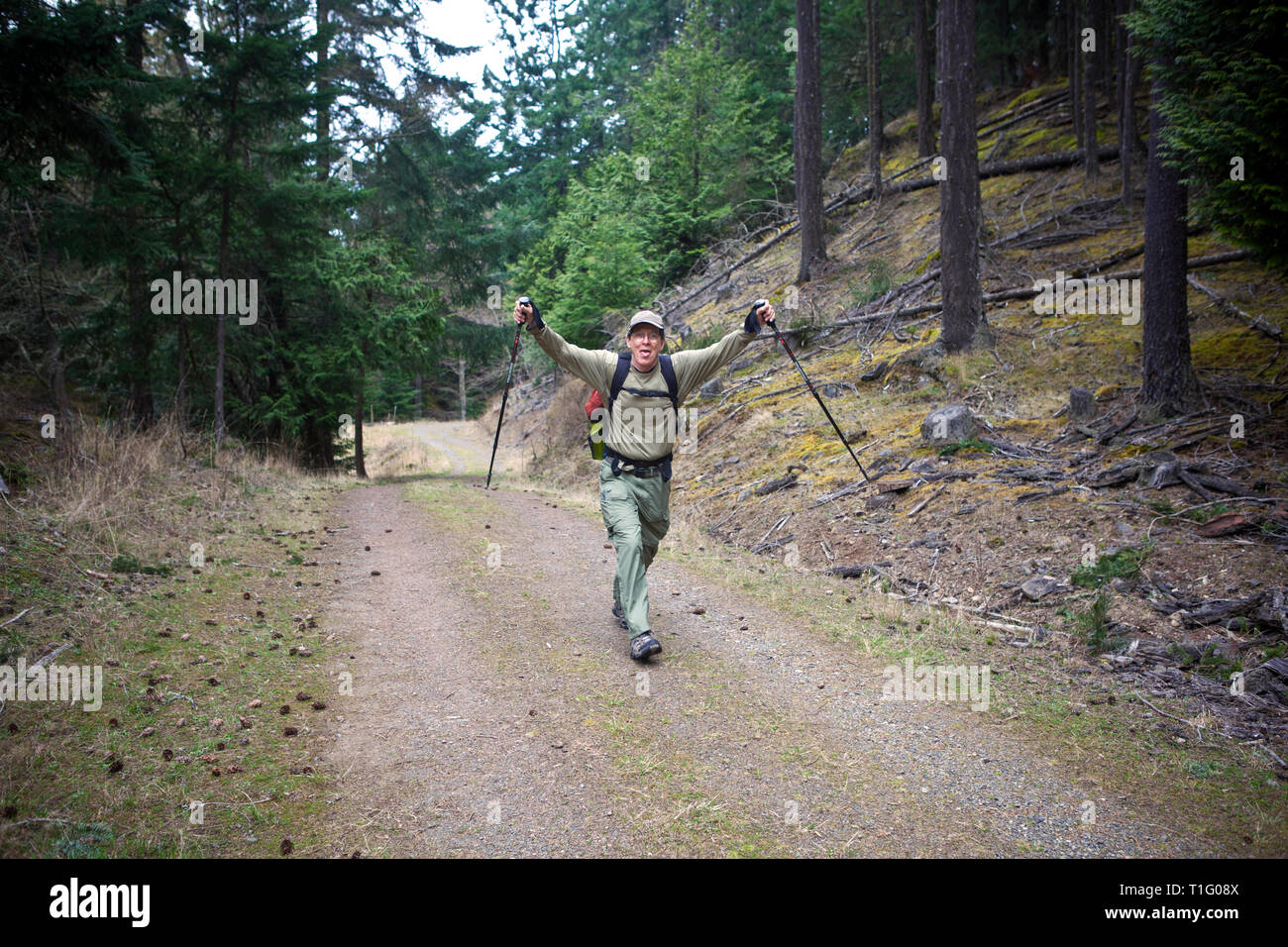 WA06510-00...WASHINGTON - Hiker Greg Vaughn randonnées le sentier de montagne Turtleback sur Orcas Island. Banque D'Images