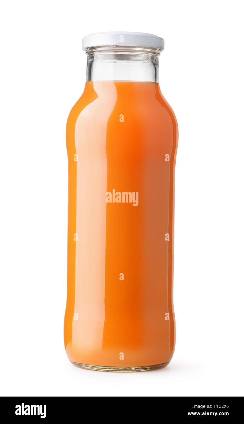 Vue avant du jus de carotte bottle isolated on white Banque D'Images