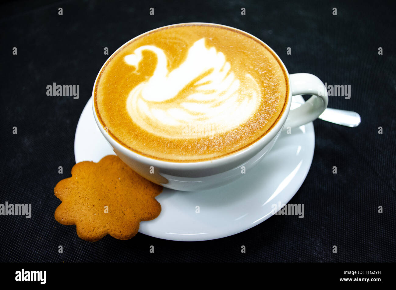 Cappuccino avec swan dessiné sur la mousse, dans un livre blanc tasse avec soucoupe et cuillère, biscuit, fond noir Banque D'Images