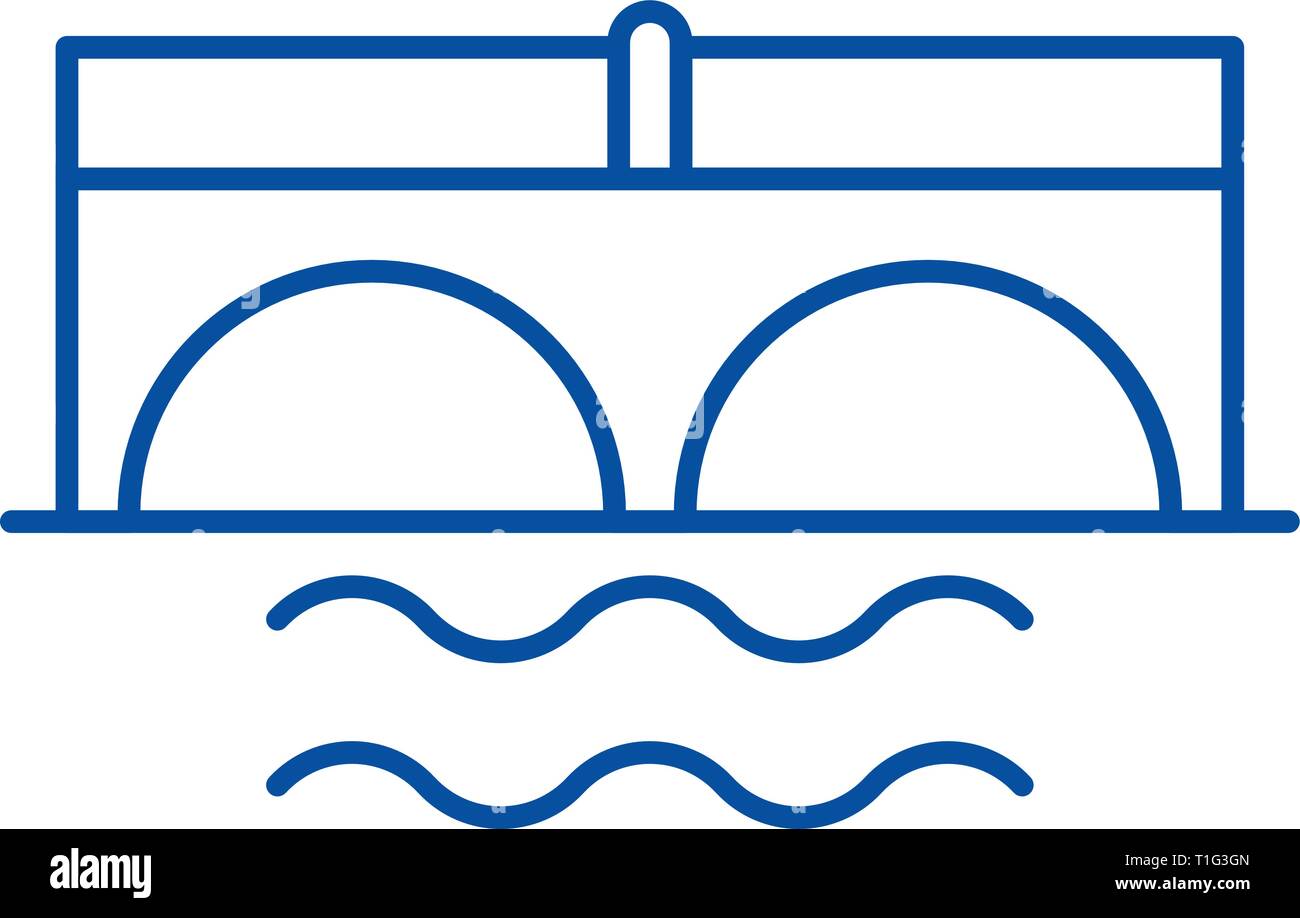 Pont au-dessus de l'icône de la ligne du fleuve concept. Pont sur la rivière Flat, signe, symbole vecteur illustration contour. Illustration de Vecteur