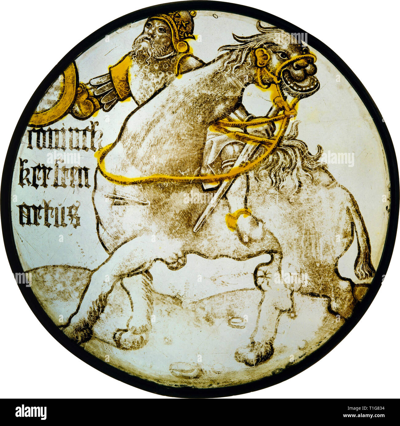 Cocarde avec le roi Arthur à cheval sur un chameau (à partir d'une série de neuf le héros), ch. 1500 Banque D'Images