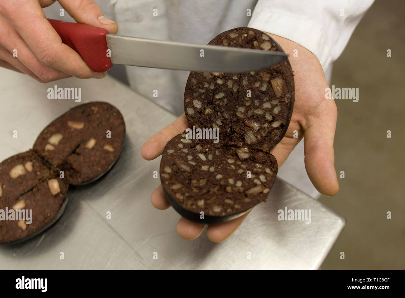 De Bury traditionnel boudin d'être exaqmined à R. S. dans les locaux de l'Irlande à Haslingden and Lancashire, Angleterre, que la société prend pour le concours du Meilleur Boudin Noir, les plus prestigieux festival célébrant le boudin qui a lieu du 14 au 16 mars 2008 en Normandie, France. R. S. L'Irlande, a été créée il y a 50 ans et emploie environ 15 personnes faisant plus de 300 tonnes de boudin noir chaque année. Boudin est un mets savoureux à base de sang animal, du gruau, des oignons, de matières grasses, de l'orge et d'épices. Banque D'Images