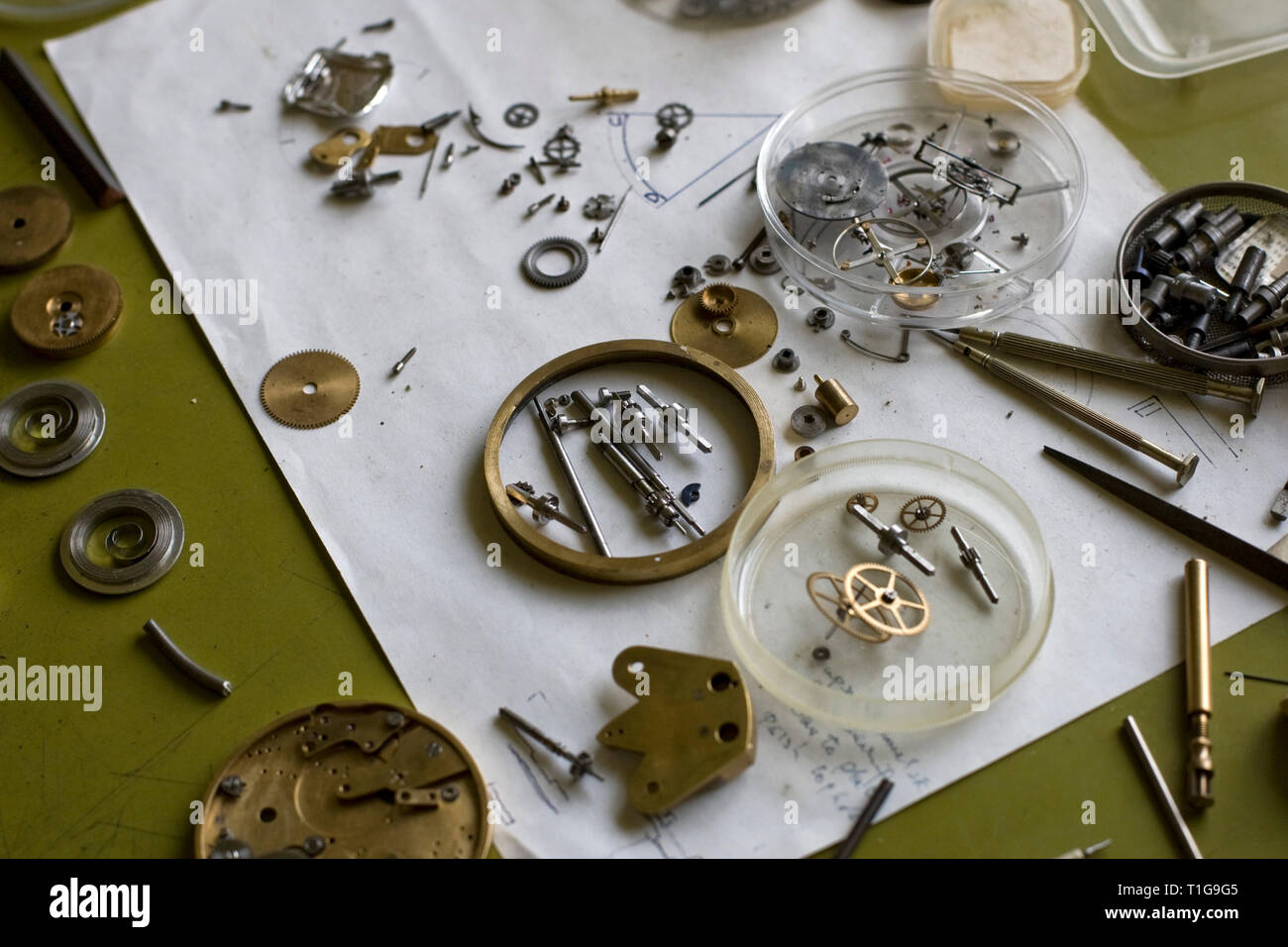 Les dessins et les outils utilisés par le maître horloger George Daniels,  photographié dans son atelier dans le parc de sa maison à Ramsey, Île de  Man). M. Daniels a fait des