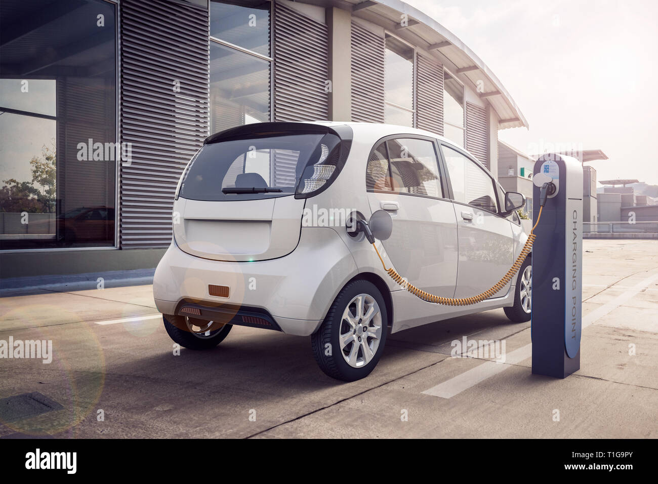 Le rendu 3D de la voiture électrique ou le véhicule au frais de la station de charge avec câble de batterie ou chargeur pour gamme écologique et l'énergie durable Banque D'Images