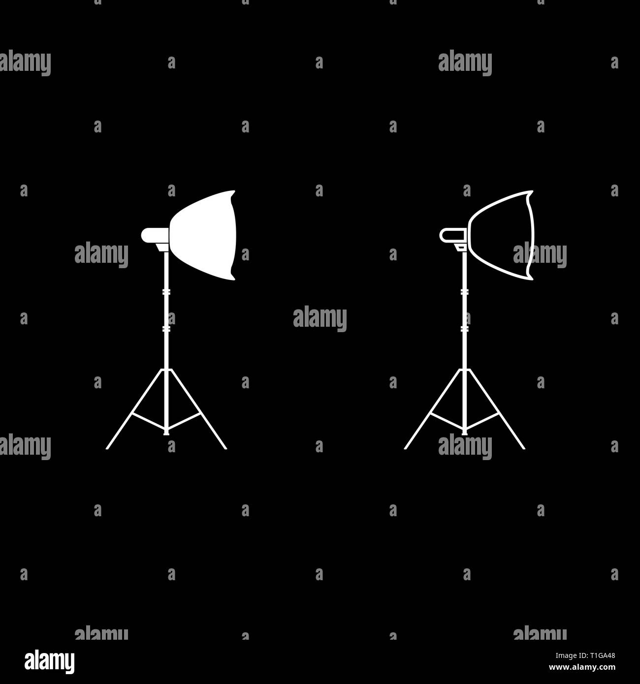 Pleins feux sur trépied projecteur de lumière Softbox sur trépied trépied du matériel léger pour la photographie professionnelle Theatre light icon set vecteur de couleur blanche Illustration de Vecteur
