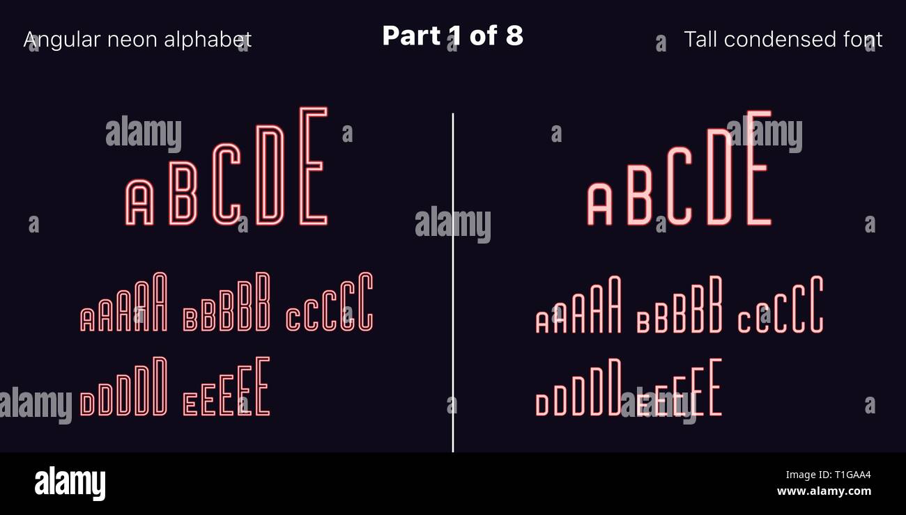 Néon rouge condensée font, anguleux. Polices vectorielles décrites et rempli de styles, partie 1 de 8. Alphabet majuscule au néon avec des lettres, des chiffres un Illustration de Vecteur