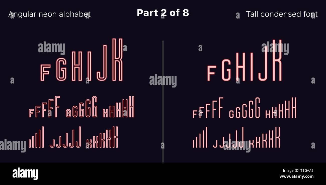 Néon rouge condensée font, anguleux. Polices vectorielles décrites et rempli de styles, partie 2 de 8. Alphabet majuscule au néon avec des lettres, des chiffres un Illustration de Vecteur