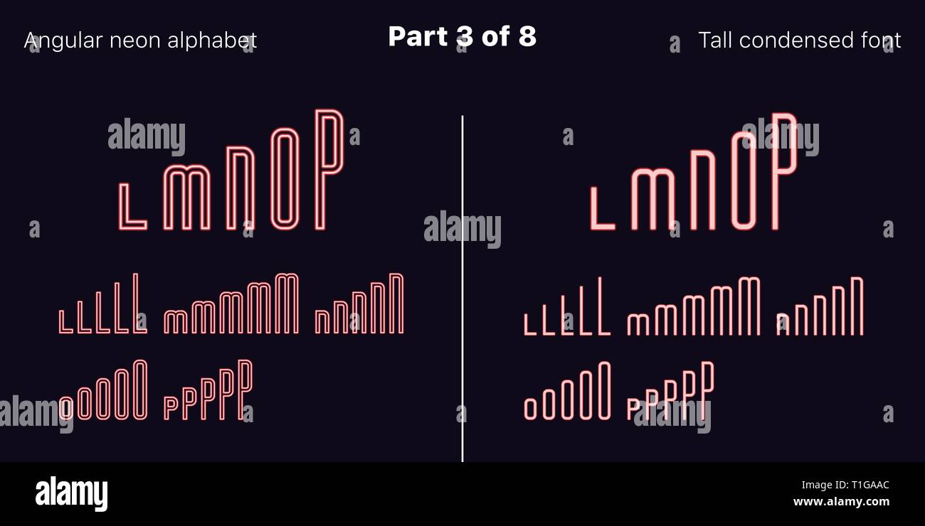 Néon rouge condensée font, anguleux. Polices vectorielles décrites et rempli de styles, partie 3 de 8. Alphabet majuscule au néon avec des lettres, des chiffres un Illustration de Vecteur