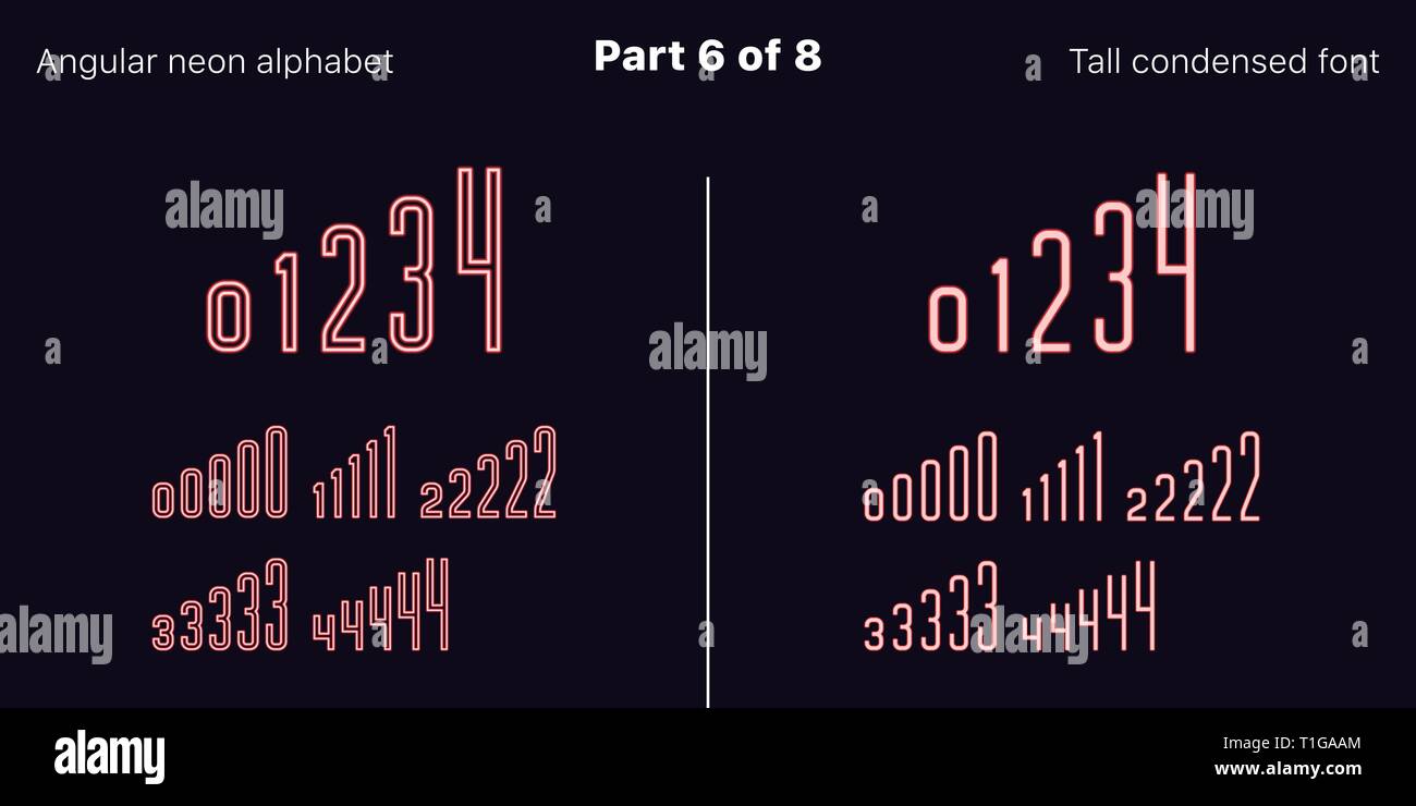 Néon rouge condensée font, anguleux. Polices vectorielles décrites et rempli de styles, partie 6 de 8. Alphabet majuscule au néon avec des lettres, des chiffres un Illustration de Vecteur