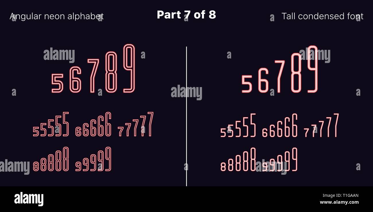 Néon rouge condensée font, anguleux. Polices vectorielles décrites et rempli de styles, partie 7 de 8. Alphabet majuscule au néon avec des lettres, des chiffres un Illustration de Vecteur