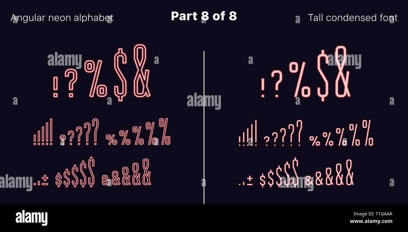 Néon rouge condensée font, anguleux. Polices vectorielles décrites et rempli de styles, de la partie 8 de 8. Alphabet majuscule au néon avec des lettres, des chiffres un Illustration de Vecteur