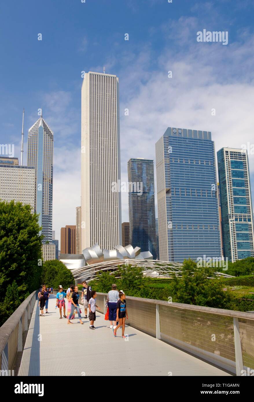Vue d'horizon de Chicago et le Millennium Park de Nichols façon pont menant à l'Art Institute, Chicago, Illinois. Banque D'Images