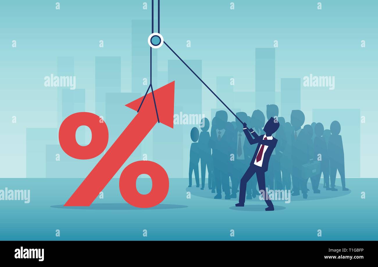 Les taux d'intérêt, d'avion et de l'immobilier concept. Vecteur d'un businessman pulling up un symbole de pourcentage sur fond d'une foule de personnes de l'entreprise Illustration de Vecteur