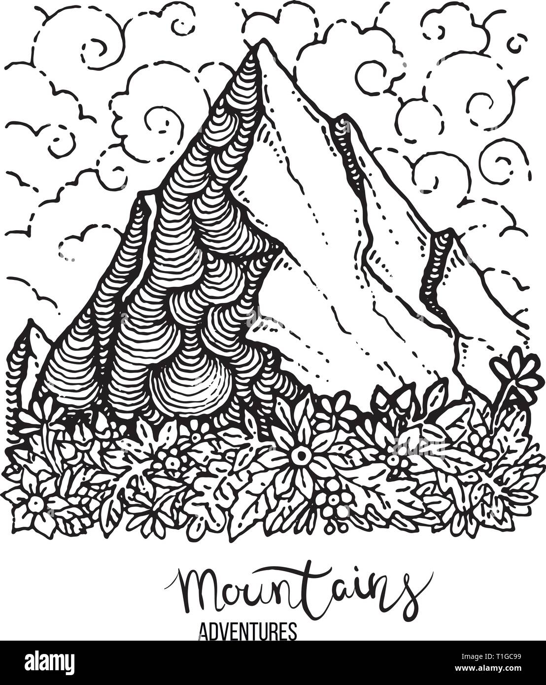 La main libre d'un pic de montagne, leur gravure, grunge textured illustrations vectorielles avec des fleurs Illustration de Vecteur
