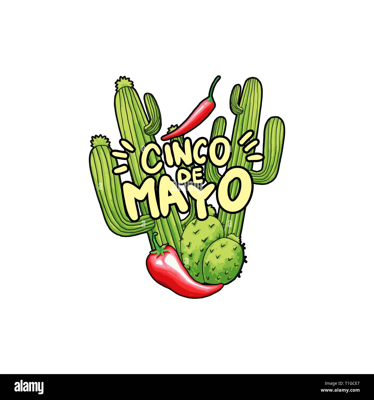 Le Cinco de Mayo lettrage stylisé dessiné à la main. Saguaro cactus vert et red hot chili pepper cartoon clipart isolé. Cactus et dessin de chili. Carte de vœux de fête mexicaine, élément de design de l'affiche de la télévision Illustration de Vecteur