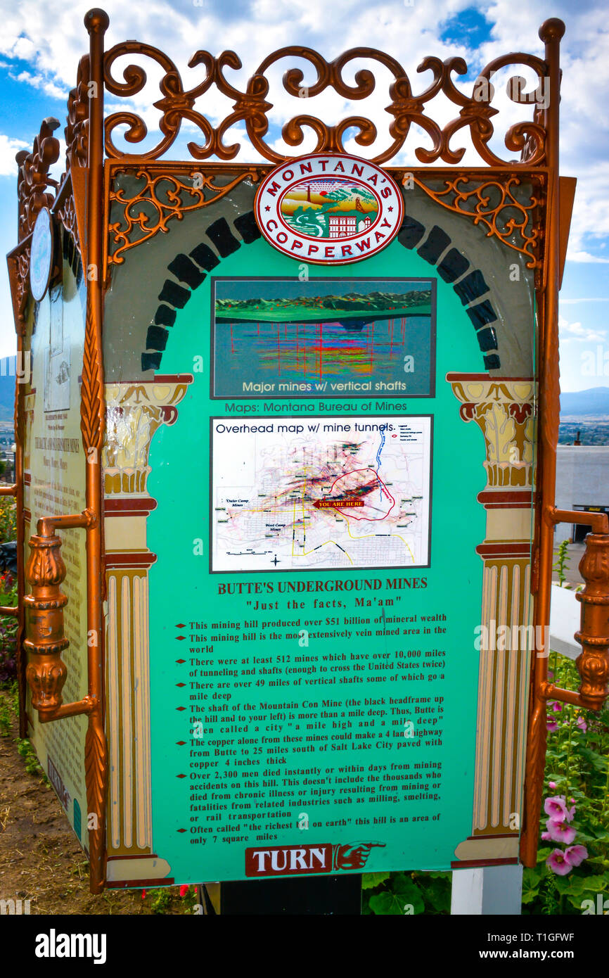 Historique une pancarte à quatre côtés, chacun avec des histoires d'exploitation minière affiche pour le tourisme et l'histoire d'asile à Butte, MT, États-Unis d'Amérique Banque D'Images