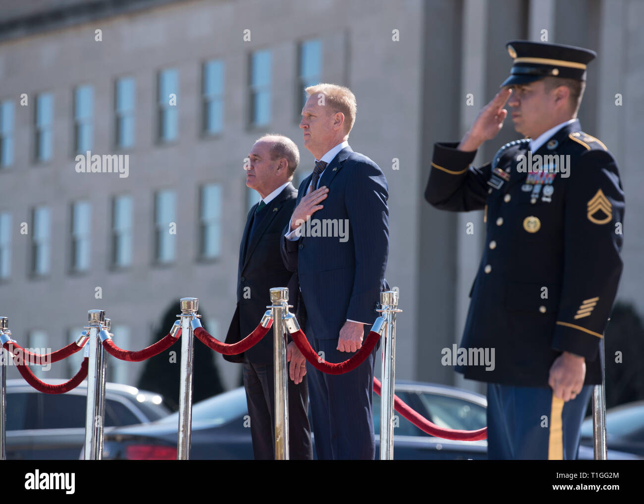 Le Secrétaire de la Défense par intérim des États-Unis Patrick M. Shanahan organise une cérémonie d'arrivée tous les honneurs d'accueillir le ministre de la défense du Brésil Fernando Azevedo e Silva au Pentagone, Washington, D.C., le 26 mars 2019. (DoD photo par Lisa Ferdinando) Banque D'Images