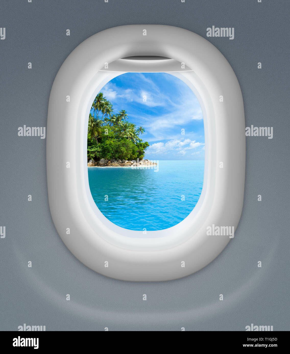 La fenêtre de l'avion avec tropical island derrière 3d illustration Banque D'Images
