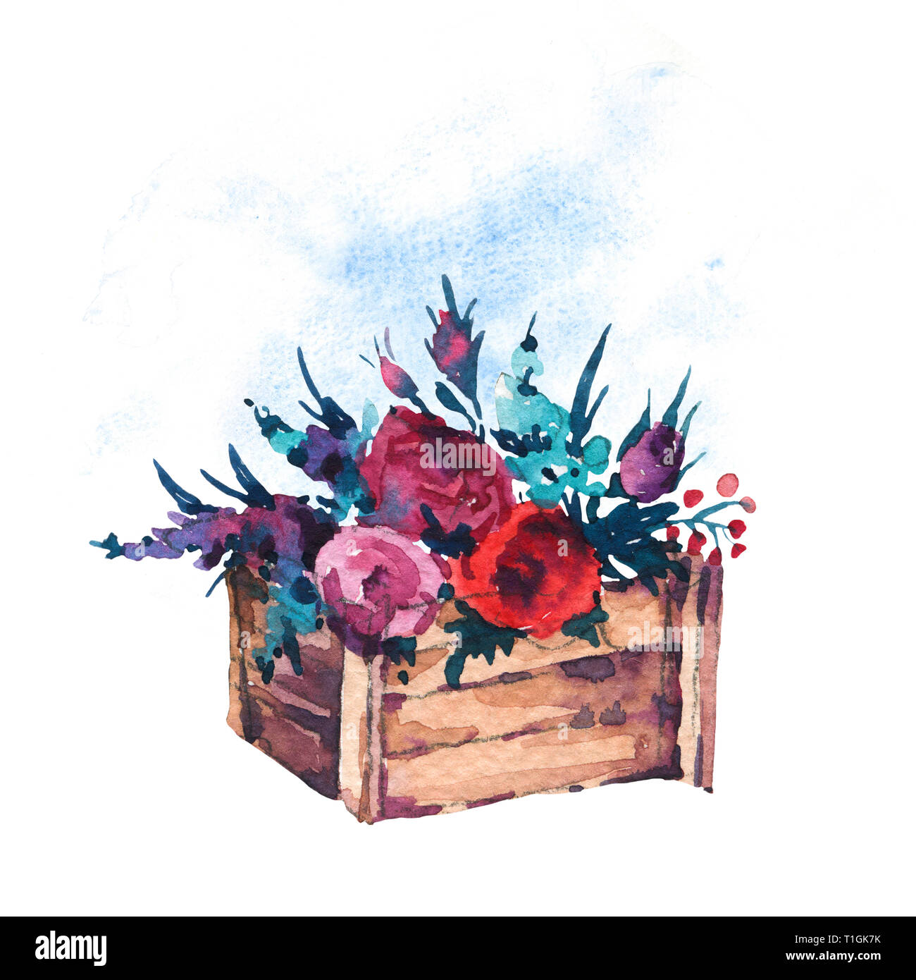 Boîte en bois peint à la main à l'aquarelle avec des fleurs, des roses rouges, des fleurs sauvages isolé sur fond blanc. Illustrations de style Boho Chic, message d'accueil naturel Banque D'Images