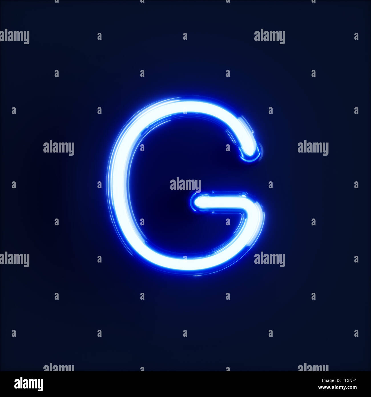 Neon light caractère alphabet G font. Tube neon glow lettres effet sur fond bleu foncé. Le rendu 3D Banque D'Images