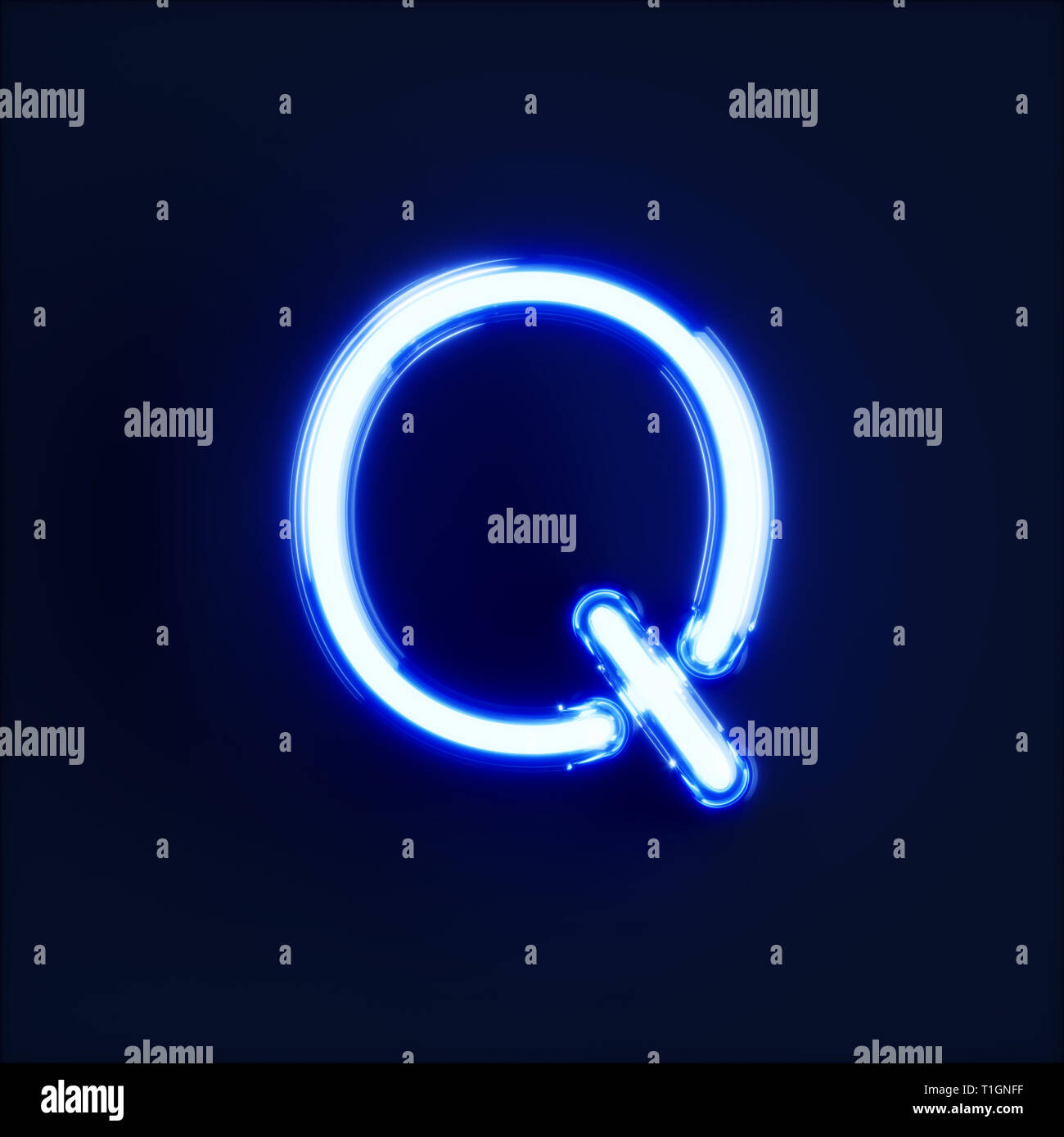Neon light caractère alphabet Q font. Tube neon glow lettres effet sur fond bleu foncé. Le rendu 3D Banque D'Images