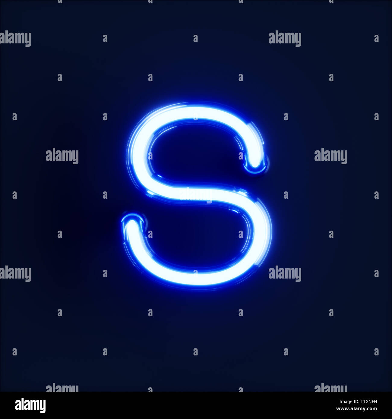 Neon light caractère alphabet S font. Tube neon glow lettres effet sur fond bleu foncé. Le rendu 3D Banque D'Images