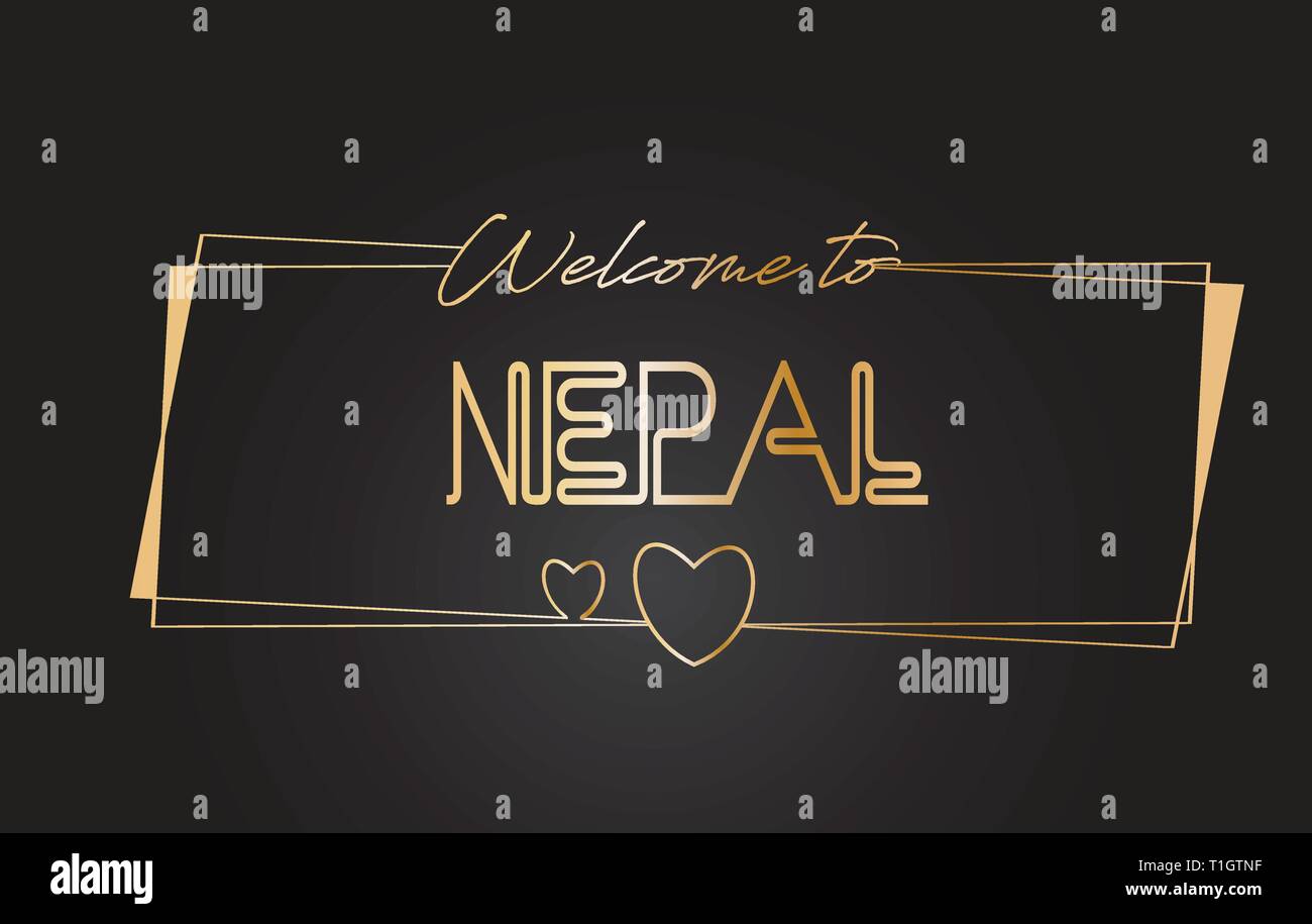 Texte d'or Bienvenue au Népal lettrage néon typographie avec cadres dorés et d'illustration vectorielle conception de coeurs. Illustration de Vecteur