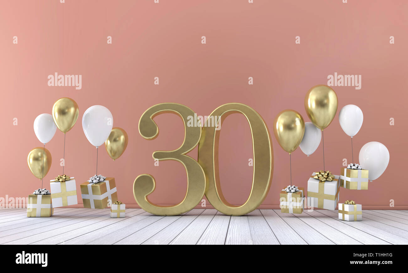 Numéro 30 d'anniversaire composition avec des ballons et des coffrets cadeaux. Le Rendu 3D Banque D'Images