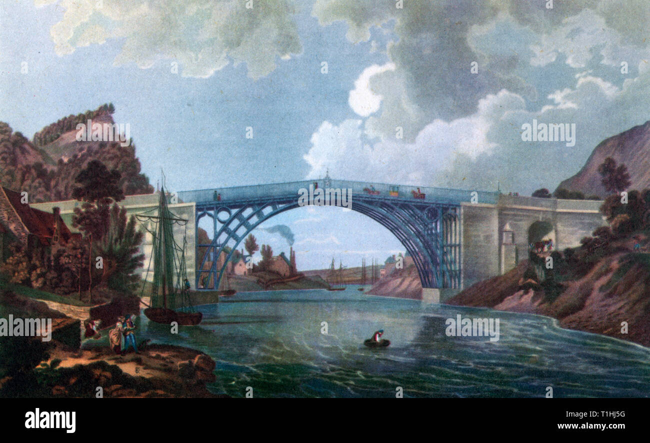 'Cast Iron Bridge près de Coalbrookdale, Shropshire', 1782. Par W. Ellis après Michael Angelo Rooker (1746-1801). 18th siècle représentation de la structure de fer de classe I. Le pont est le premier de ce genre et est le résultat des efforts de Thomas Farnolls Pritchard (c1723-1777), John Wilkinson (1728-1808) et Abraham Darby III (1750-1789). Banque D'Images