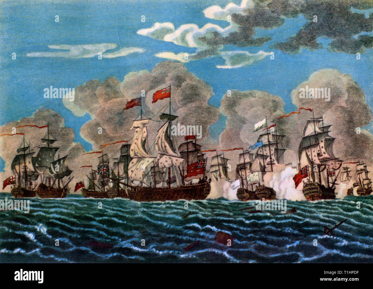 « The action Off Lagos, 18th août 1759 », 1781. Une bataille pendant la guerre de sept ans. Après Francis Swaine (1725-1782). La bataille navale de Lagos entre la Grande-Bretagne et la France a eu lieu les 18th et 19th août 1759, pendant la guerre de sept ans. La bataille a eu lieu au large des côtes de l'Espagne et du Portugal, et porte le nom de Lagos, Portugal. Pour les Britanniques, elle faisait partie de l'Annus mirabilis de 1759. Une gravure colorée publiée par Macgowan & Davis. Banque D'Images