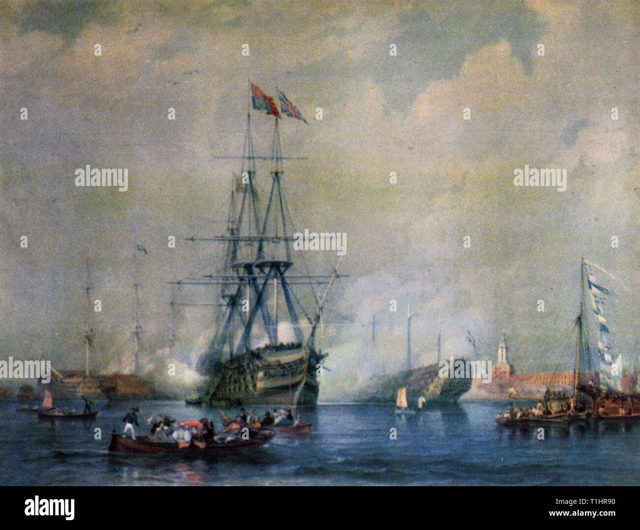 La victoire phare de Nelson, le HMS, a tiré un Royal Salute dans le port de Portsmouth à l'occasion de l'anniversaire de la reine Adélaïde, en 1830. Par John Mayle Whichelo (1784-1865). Banque D'Images