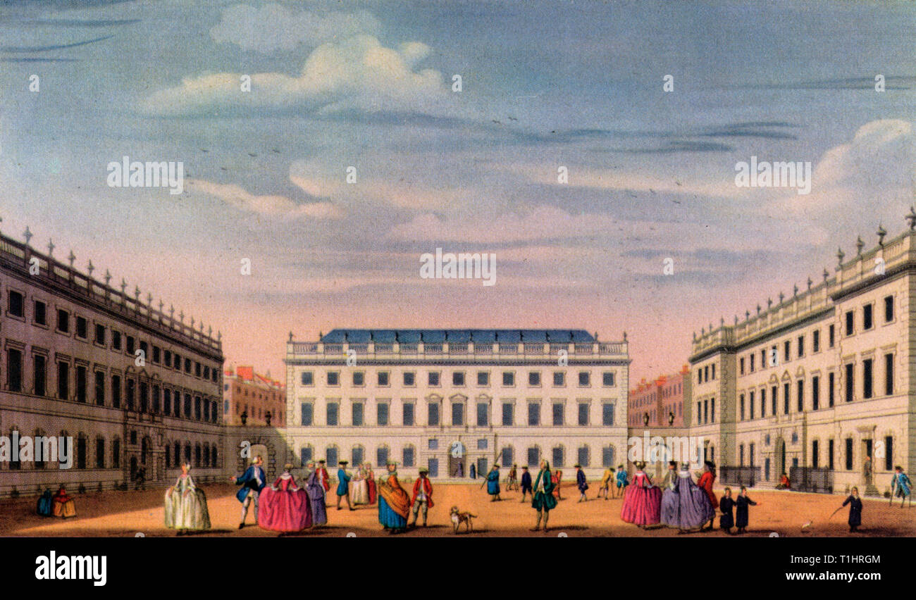 'Hôpital Bartholomew, Londres', 1752. Par Thomas Jefferys (1695-1771). L'hôpital St Bartholomew (St Barts) est le plus ancien hôpital de Londres et a été fondé en 1123. C'est le plus ancien hôpital du Royaume-Uni qui occupe encore son site d'origine. La place principale a été conçue par James Gibbs en 1730s. Trois des quatre blocs d'origine survivent, y compris le bloc contenant la Grande salle. Banque D'Images