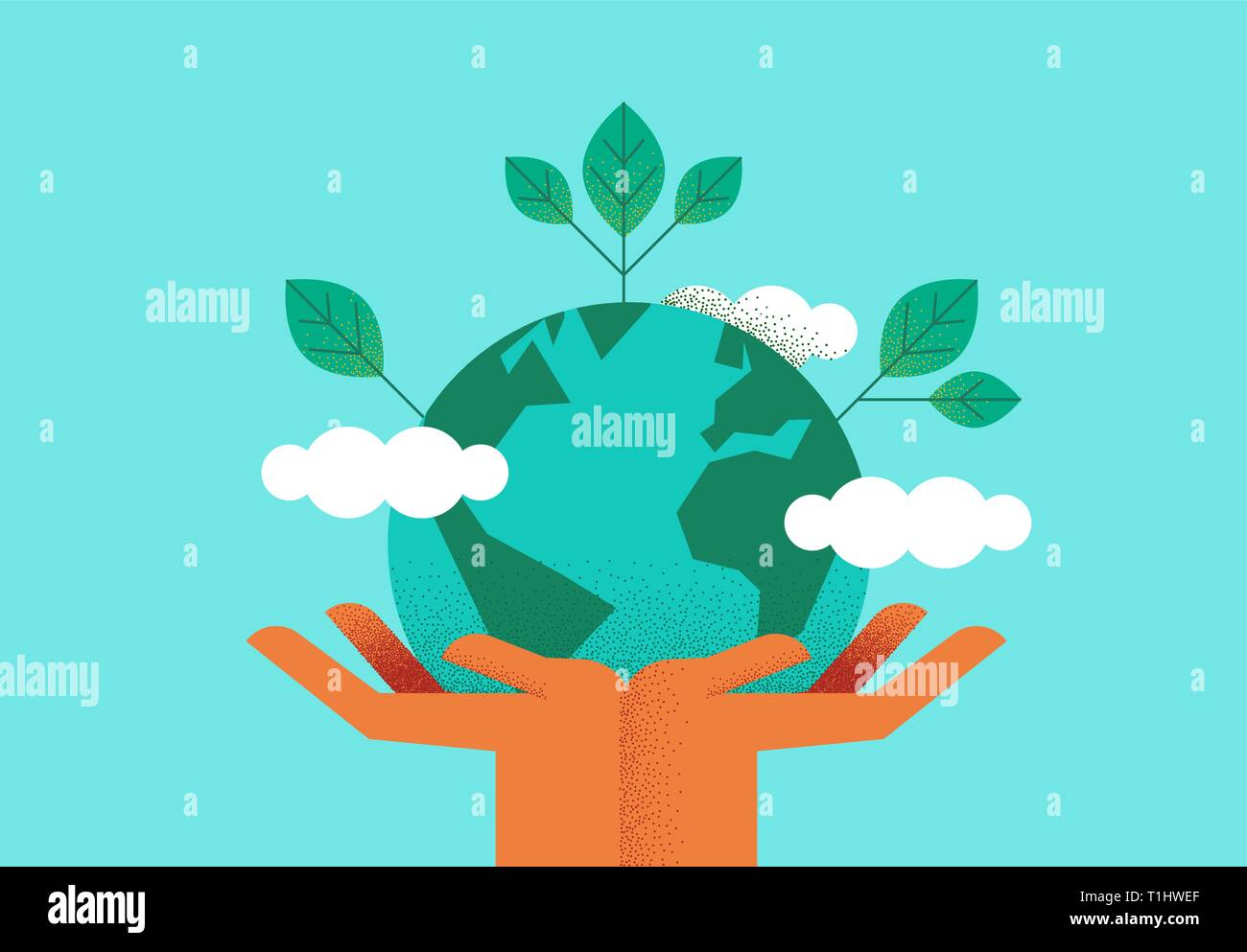 Les mains tenant la planète terre avec des feuilles vertes pour eco friendly concept. De l'environnement ou la nature de l'aide l'illustration. Illustration de Vecteur