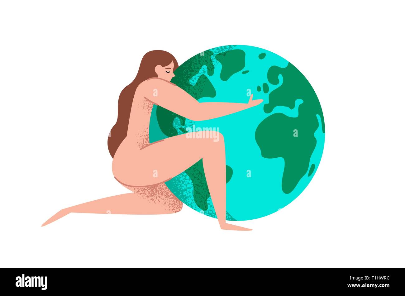 Young Woman hugging planète terre isolé sur fond blanc. Mère nature concept pour l'amour de l'environnement et de l'aide. Illustration de Vecteur