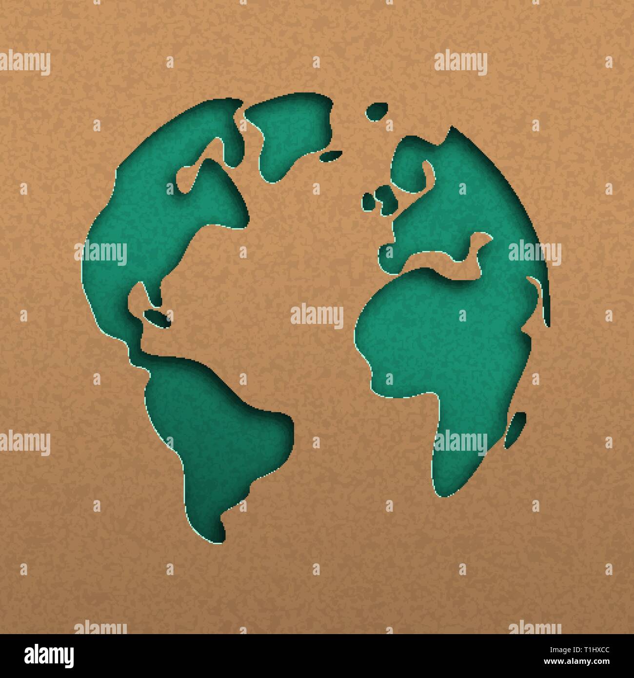 Papercut carte du monde illustration. Découpe vert terre dans le papier recyclé pour la sensibilisation à la conservation de la planète. Illustration de Vecteur