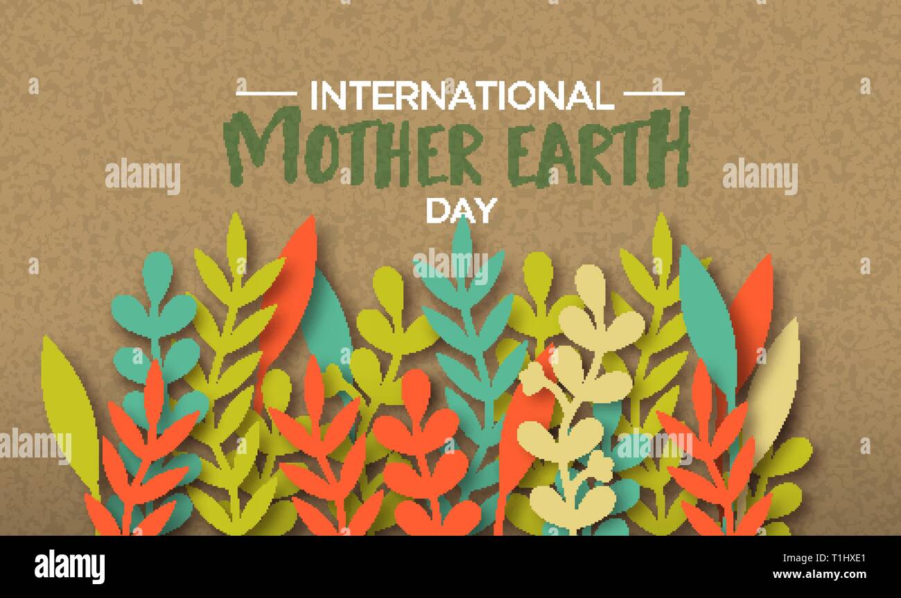 La Journée internationale de la Terre nourricière illustration de papercut colorés feuilles sur fond de papier recyclé. Illustration de Vecteur