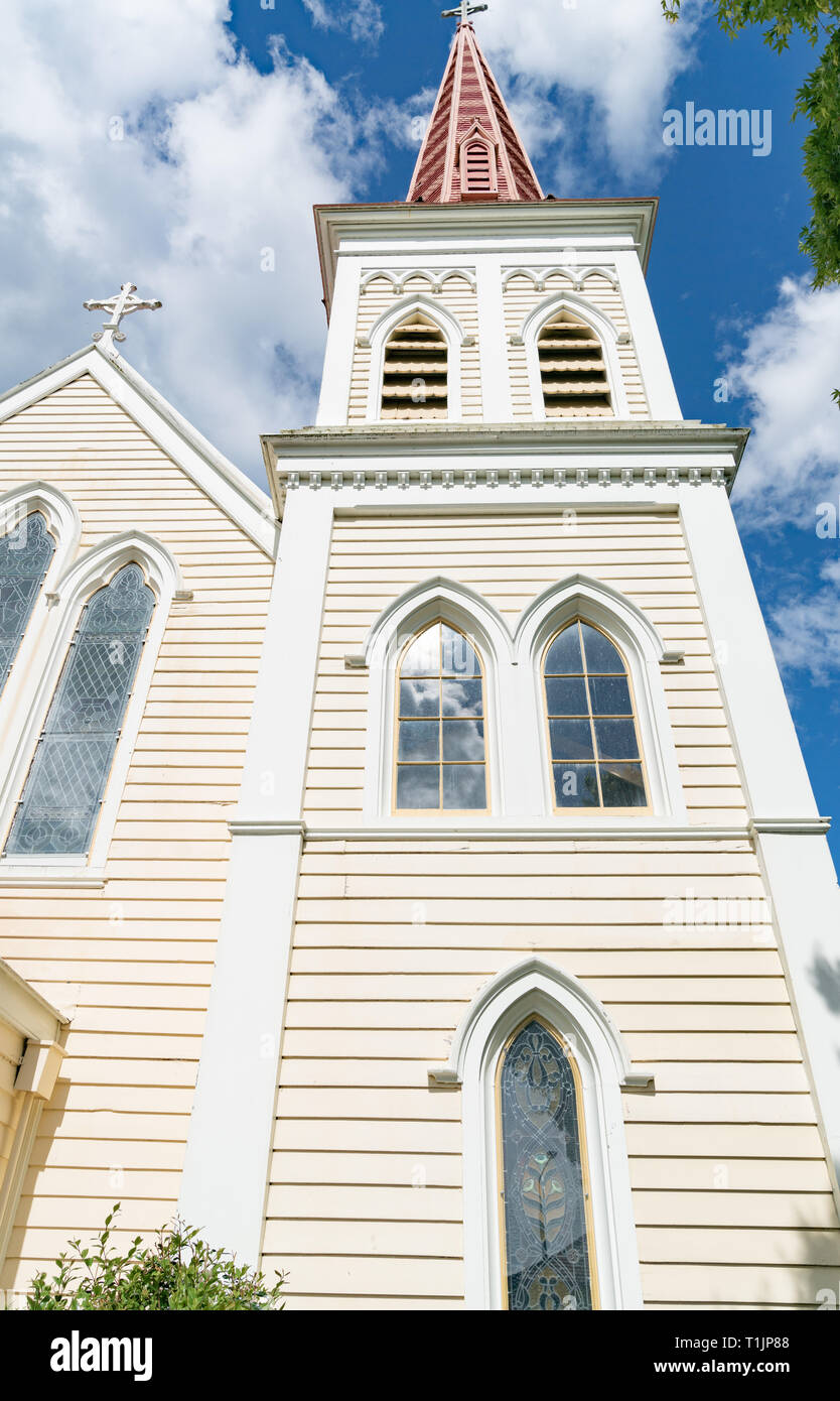 Détail architectural sur clocher de l'église rose frappant en Nouvelle-Zélande Blenhiem Banque D'Images