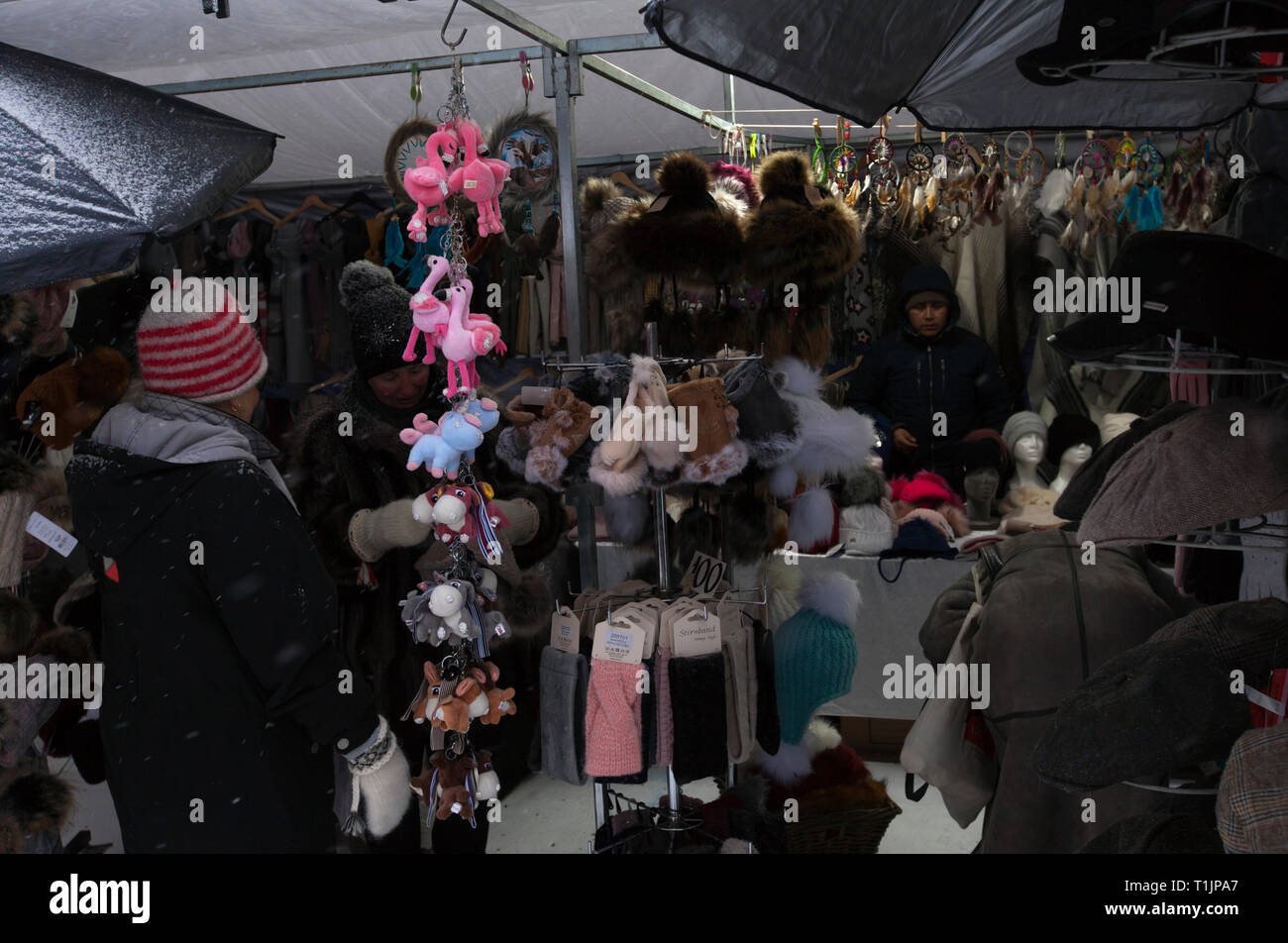 JOKKMOKK, Suède Le 08 février, 2019. Les gens se déplacent entre les stands. Industrielle, artisanale et quelque chose à manger. Usage éditorial. Banque D'Images