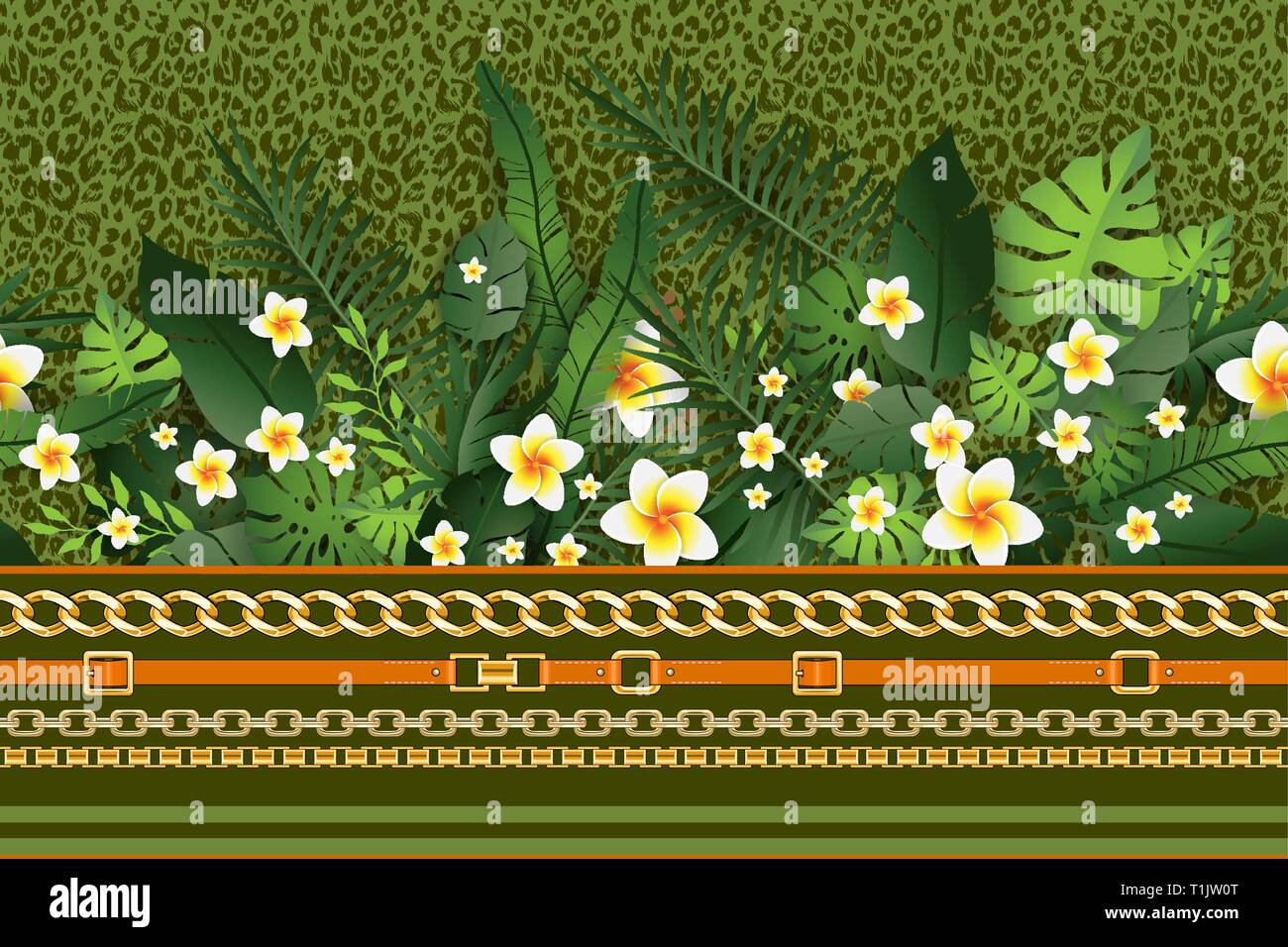 Modèle sans fond de fleurs exotiques. Les fleurs tropicales et les feuilles sur la toile de Leopard. Verdure Imprimer conception sans couture Illustration de Vecteur