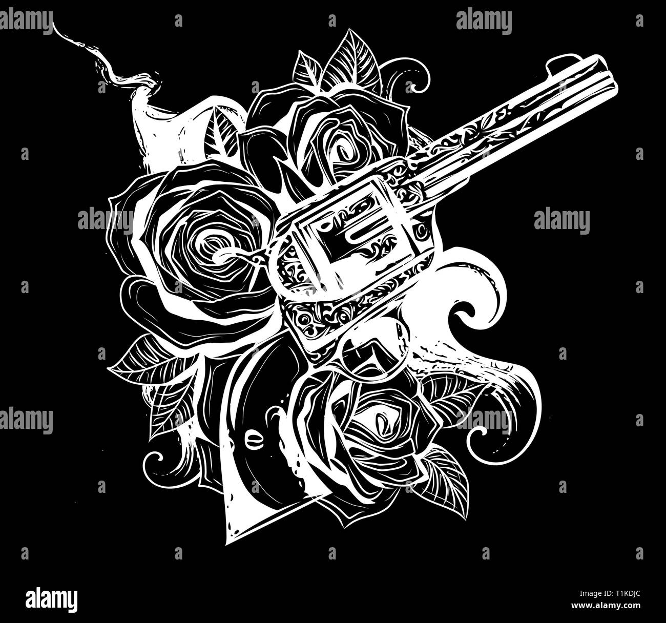 Des fusils et des fleurs rose dessiné dans le style de tatouage. Vector illustration. Illustration de Vecteur