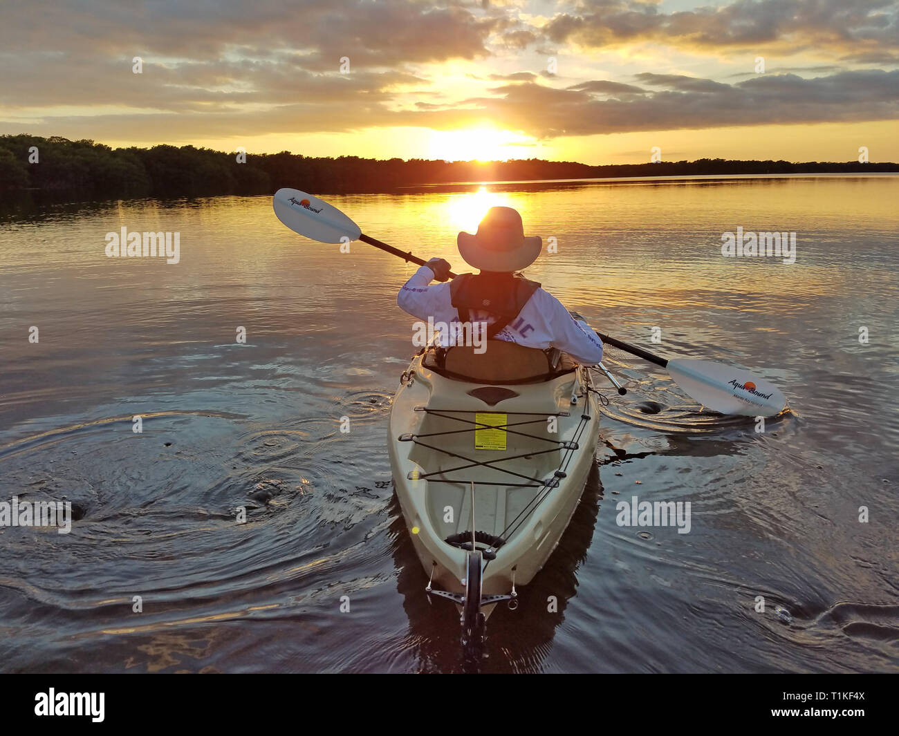 Le Parc National des Everglades, Floride 02-05-2017 senior kayaks sur une calme au milieu de la baie exceptionnellement Foulque frappant réflexions cloud. Banque D'Images
