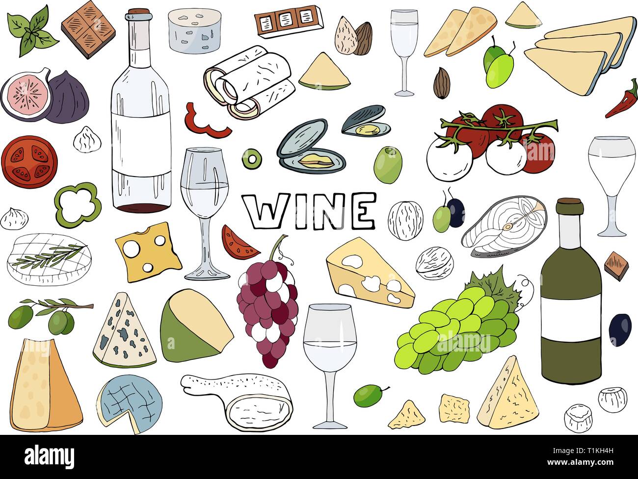 Ensemble dessiné à la main avec du vin, différents fromages, raisin, légumes frais isolé sur fond blanc. Illustration de Vecteur
