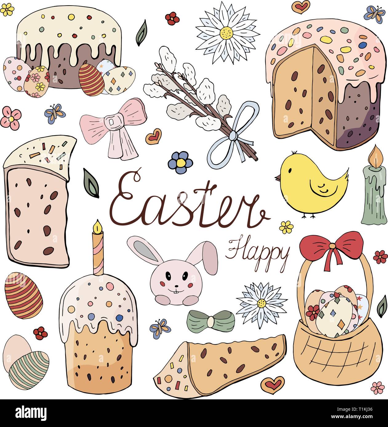 Joyeuses Pâques vacances. Gâteaux de Pâques, lapin, brindille de saule, de poulet et de fleurs isolé sur fond blanc Illustration de Vecteur