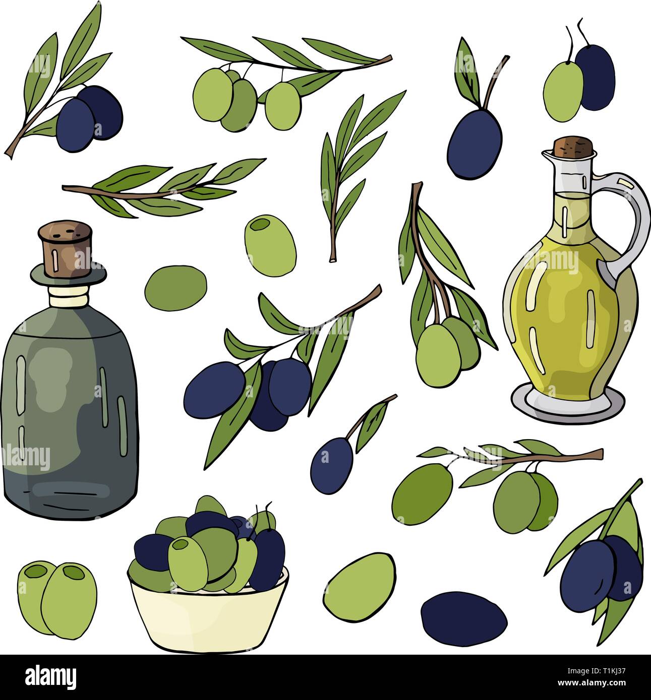 L'huile d'olive, les olives et les olives branches isolé sur blanc. Ensemble d'olive à la main Illustration de Vecteur