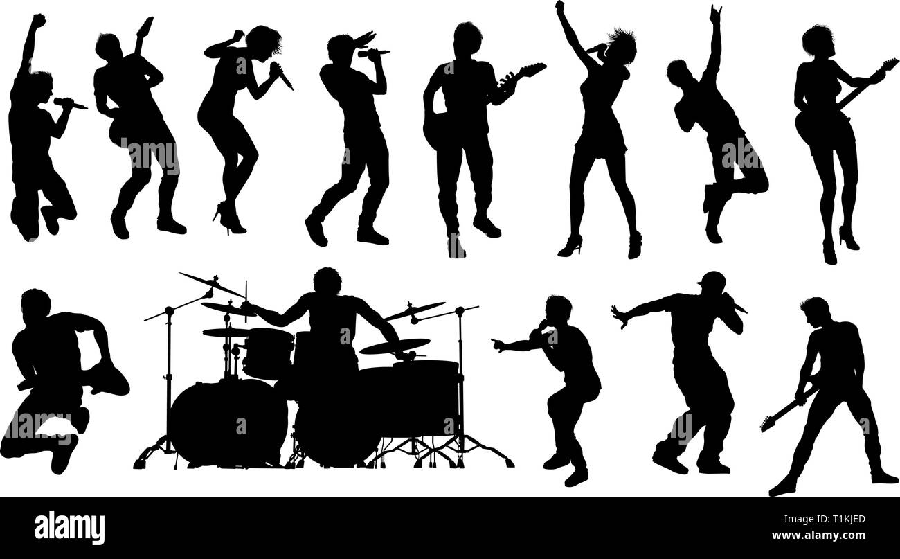 Groupe pop ou rock band musiciens Silhouettes Illustration de Vecteur
