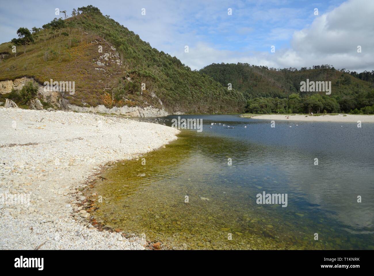 Rio de Las Cabras o Bedon formant un lagon derrière la plage de galets de San Antolin, Llanes, Asturias, Espagne, août. Banque D'Images