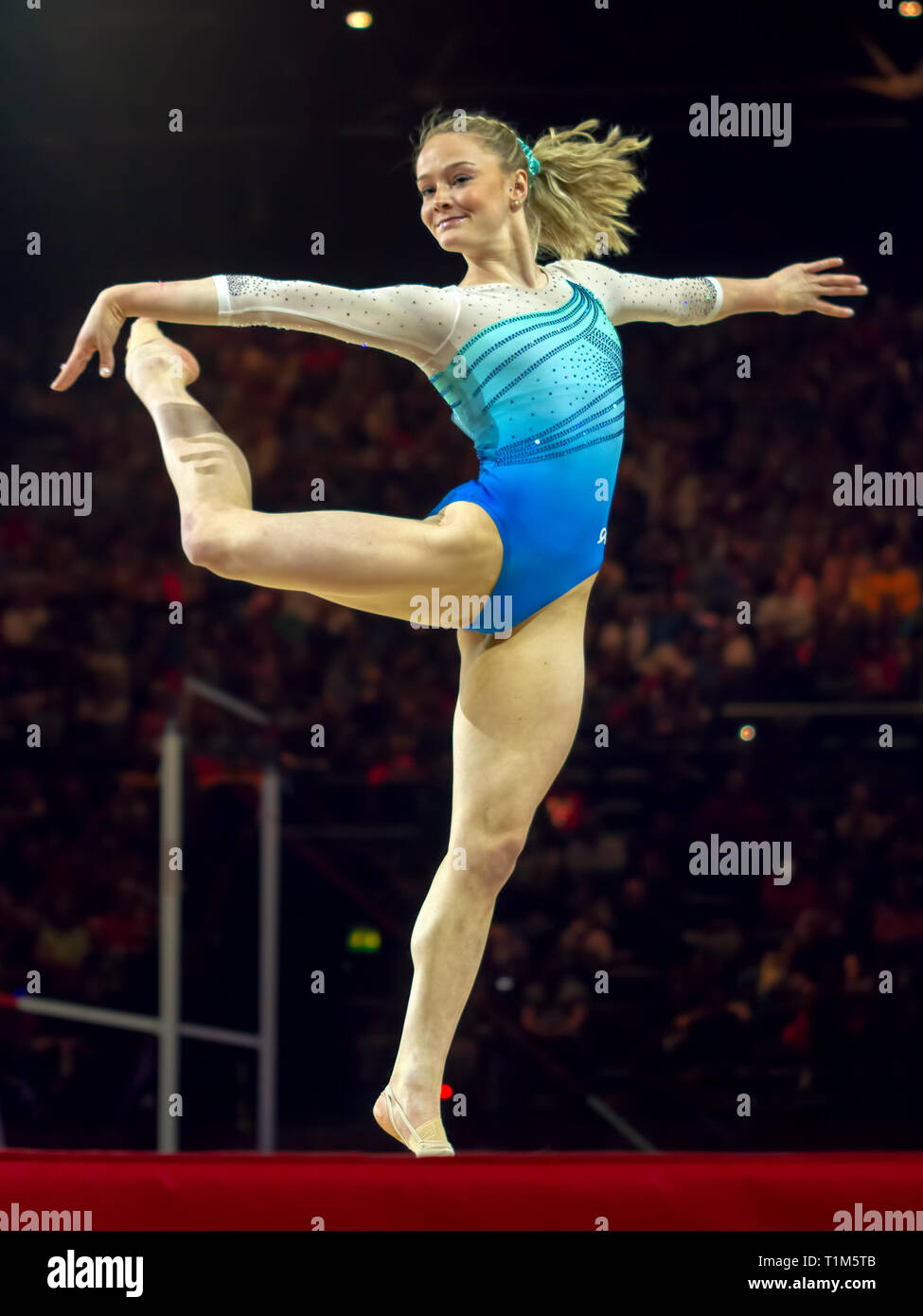 Birmingham, Angleterre, RU. 23 mars, 2019. La United States' Riley McCusker en action au cours de l'étage des femmes, au cours de la compétition de gymnastique 2019 Banque D'Images
